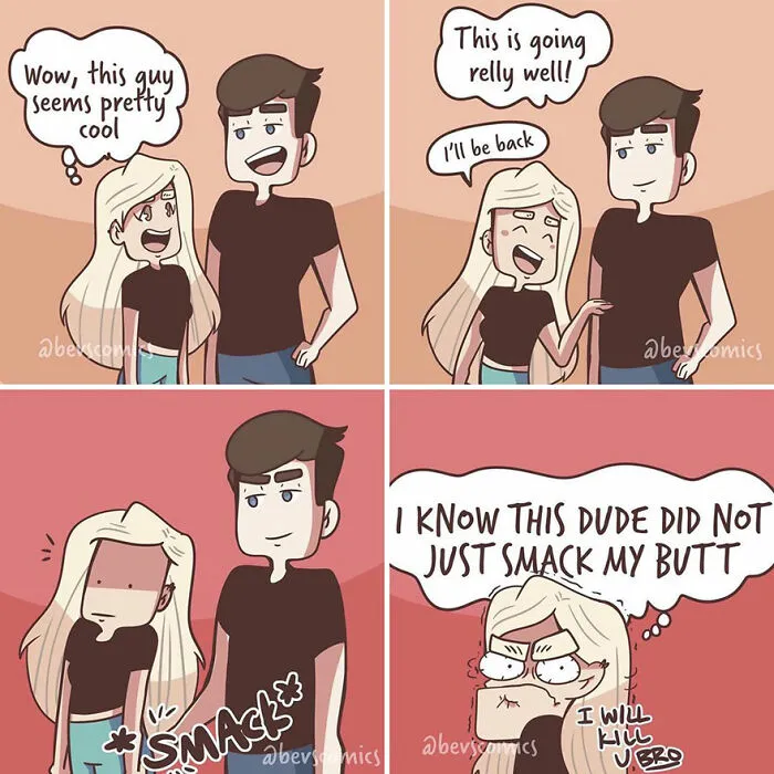 A comic by an artist where a man smacks a woman's butt, depicting a woman's reaction to equal rights issues.