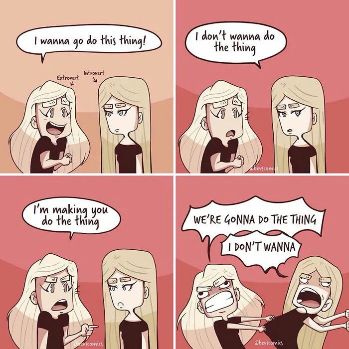 An artist's comic showing an introvert and extrovert discussing plans, highlighting what it's like being a woman.