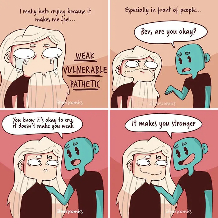 An artist's comic illustrating a woman crying and a friend comforting her, discussing mental health.