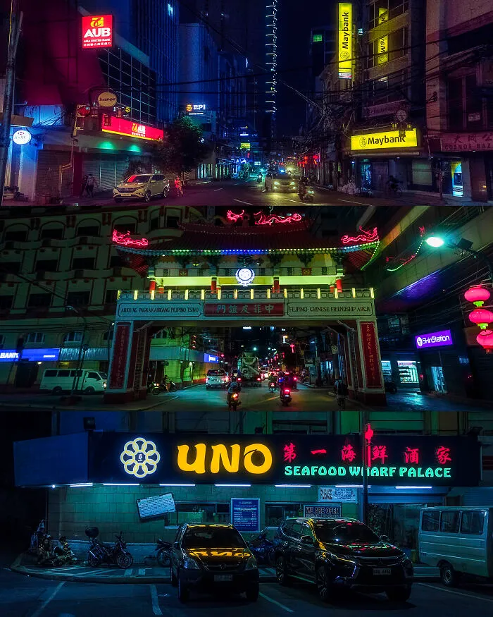 Three Panoramas In Neon-Lit Binondo, Which Is Manila's Historic Chinatown. A Melting Pot Of Multicultural Architecture