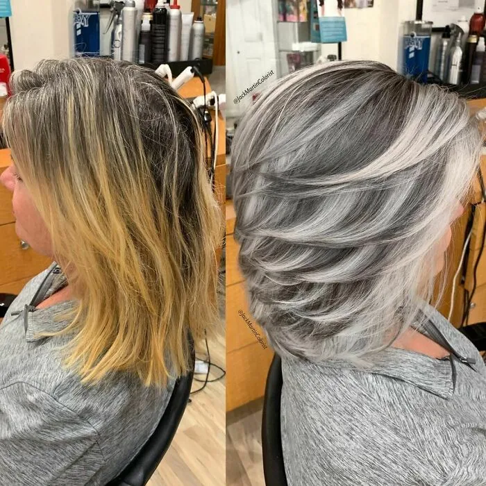 Side-by-side photo showing before and after embracing natural grey hair with hairstylist's expert transformation