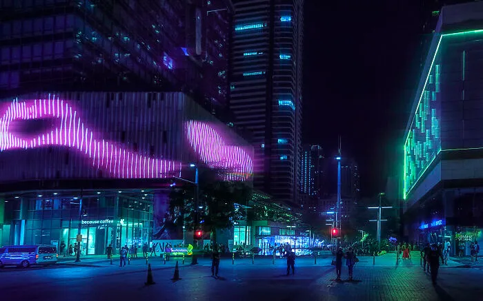 Neon Lights And Megacorporate Buildings Of Bonifacio Global City (Bgc)