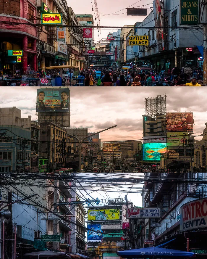 A Collage Of Three Dystopian Panoramic Scenes In Quiapo's Market Streets And Highways