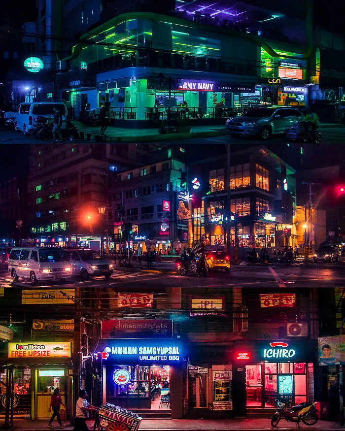A Collage Of Three Panoramic Street Scenes At Sampaloc, Showing Its Wide Variety Of Venues For Student Nightlife
