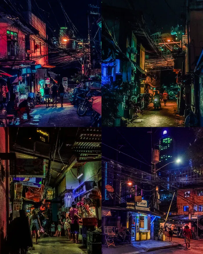 A Collage Of Four Streetscapes At The Outskirts Of Bgc, Showing A Residential Neighborhood Juxtaposed Against Glowing Megacorporate Skyscrapers