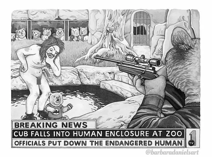 Esta artista hace ilustraciones en las que el rol de los humanos y los animales está invertido, para hacerte pensar (50 imágenes)