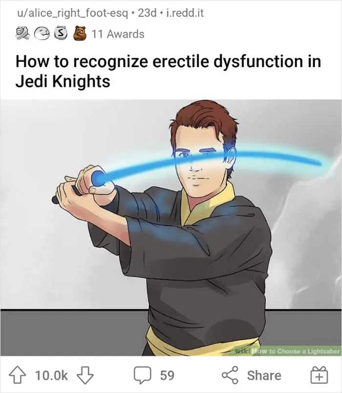 WikiHow image of a man with a lightsaber, humorously captioned about Jedi Knights and dysfunction.