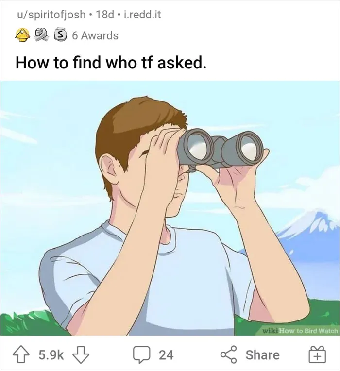 Man using binoculars with funny caption; part of out-of-context WikiHow images series.