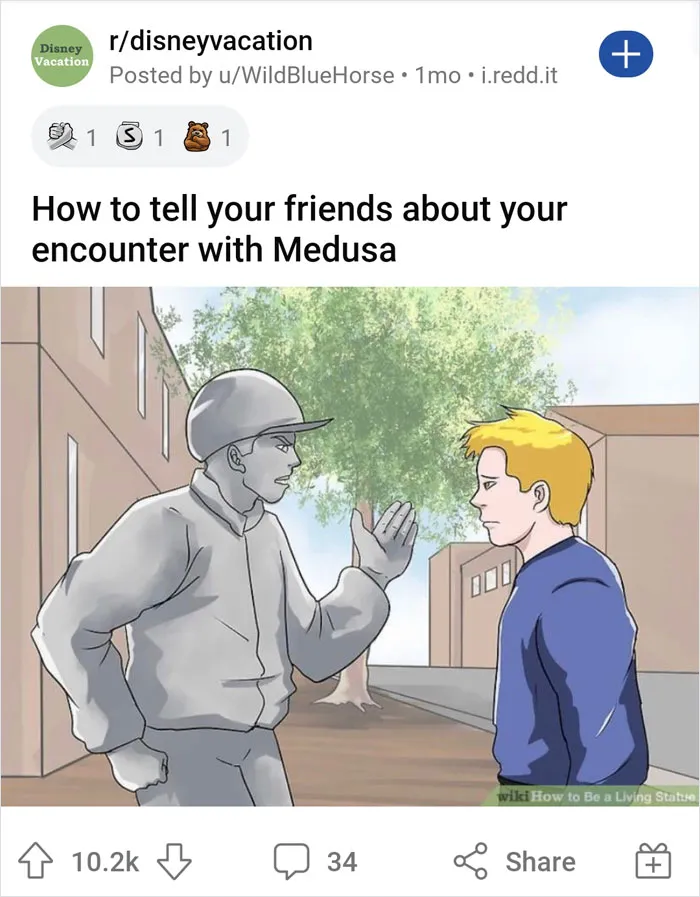 Cartoon of a stone-like person talking to a man on the street, with a funny caption referencing a Medusa encounter.