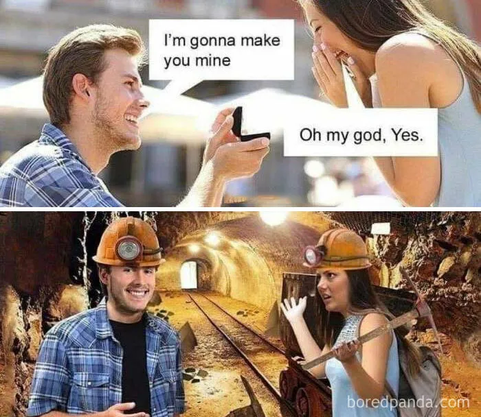 Two-panel literal meme showing a marriage proposal and mining pun.