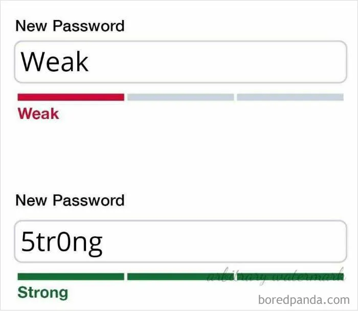 Password strength meme showing "Weak" and "5tr0ng" passwords with corresponding strength indicators.