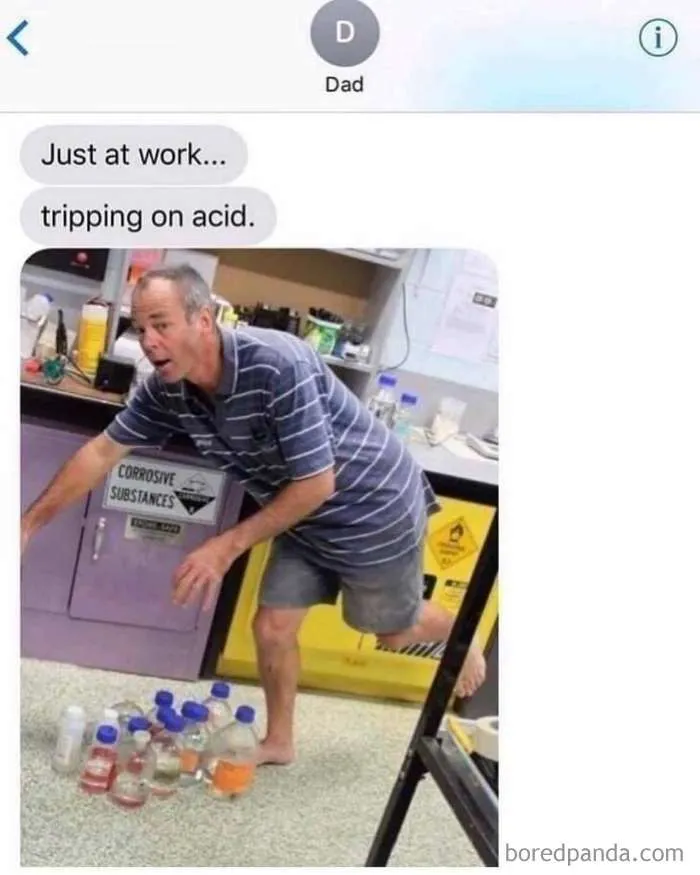 Man literally tripping over acid bottles in a lab, creating a humorous literal meme scene.