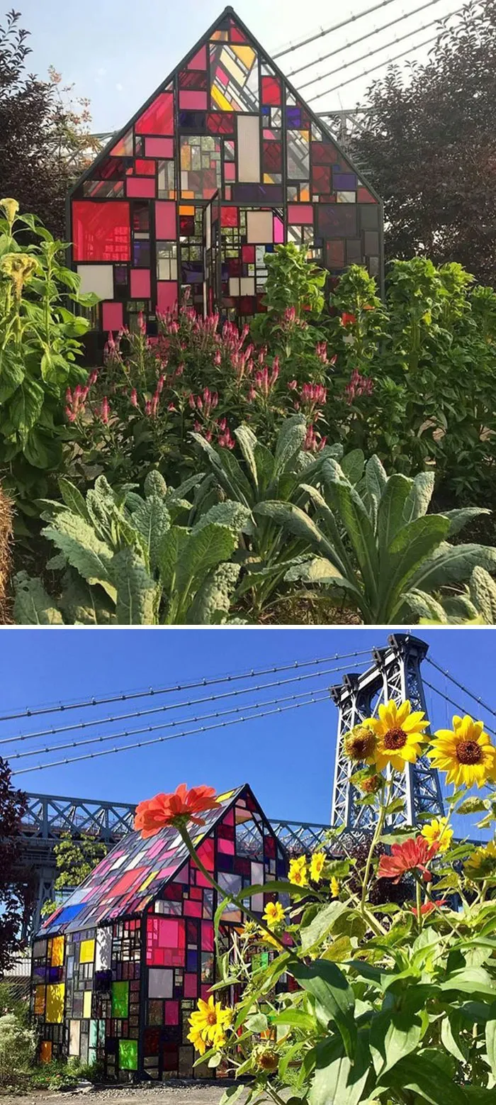 A Beautifully Coloured Glass Greenhouse At The North Brooklyn Farm's Community Garden