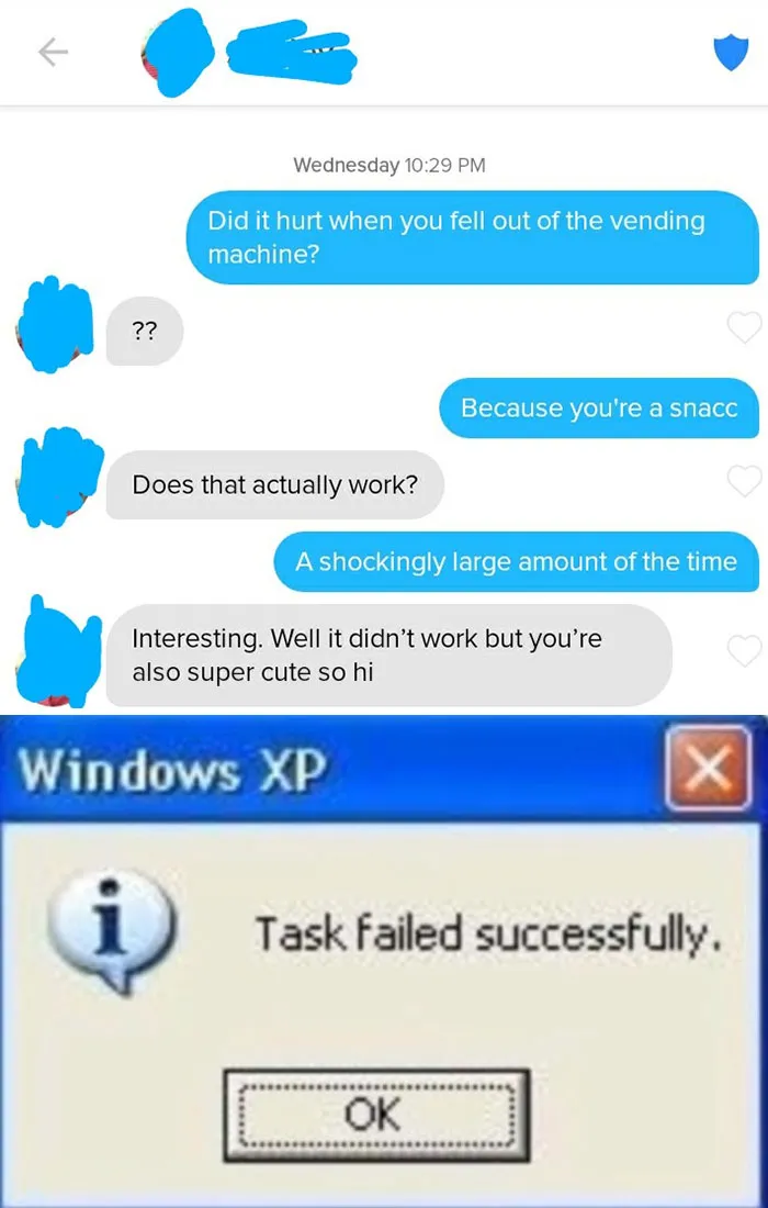Tinder chat screenshot of people talking about bad pick-up lines 
