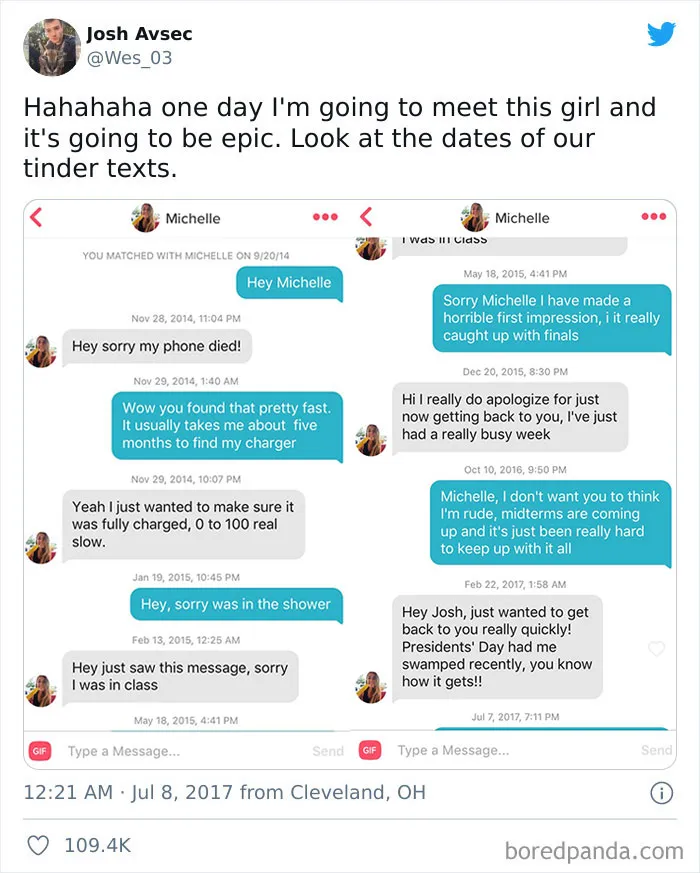 Tinder chat screenshot of people exchanging messages with long intervals