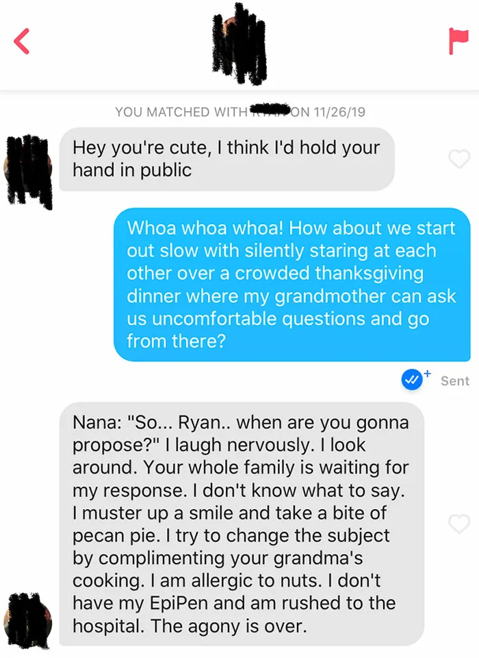 Tinder chat screenshot of people talking about holding hands 