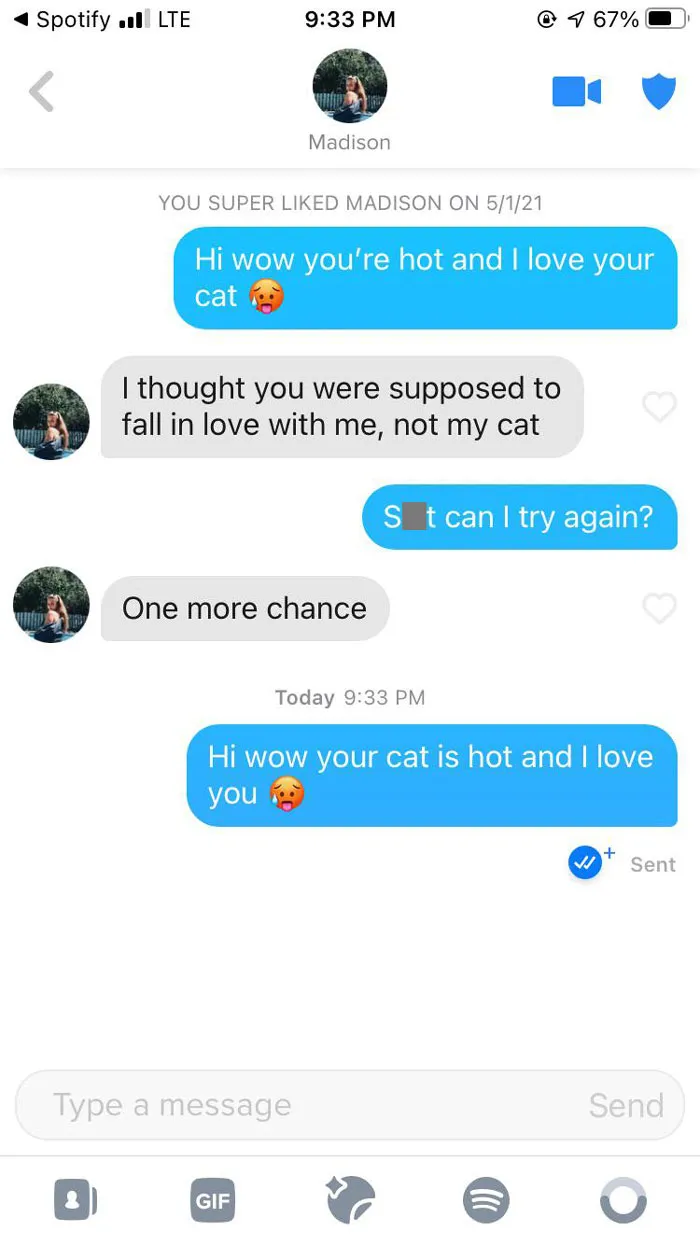 Tinder chat screenshot of a girl giving a woman a second chance 