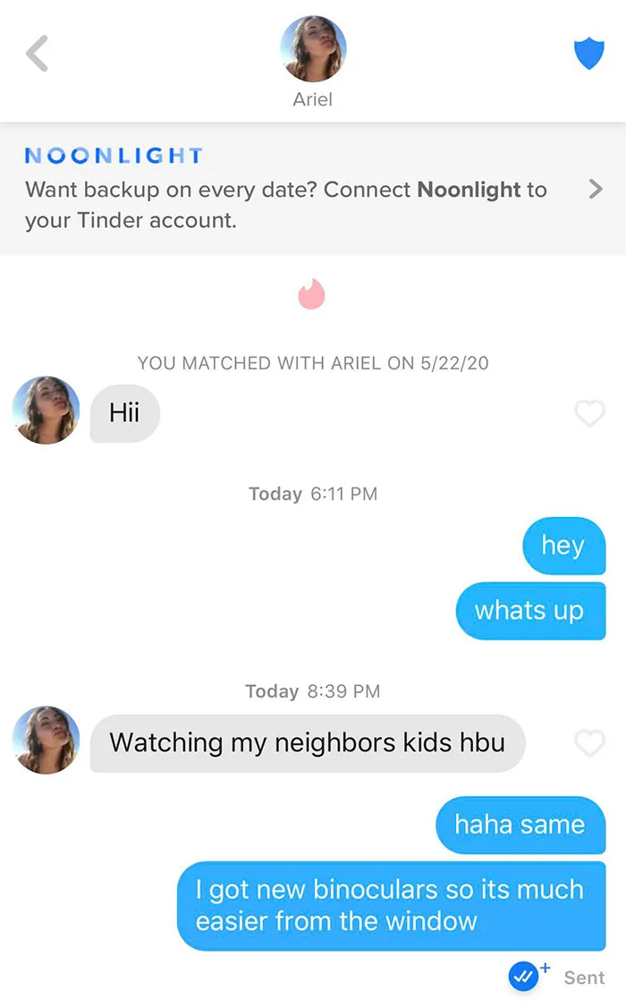Tinder chat screenshot of people talking about stalking kids 