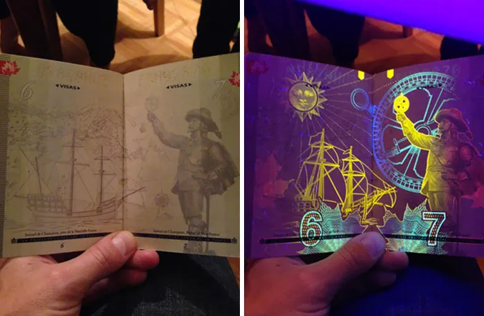 Pasaporte canadiense vs. Pasaporte canadiense bajo una luz negra