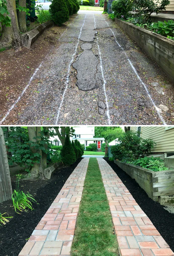 El antes y el después de mi camino de entrada. Yo hice los adoquines y el camino de entrada