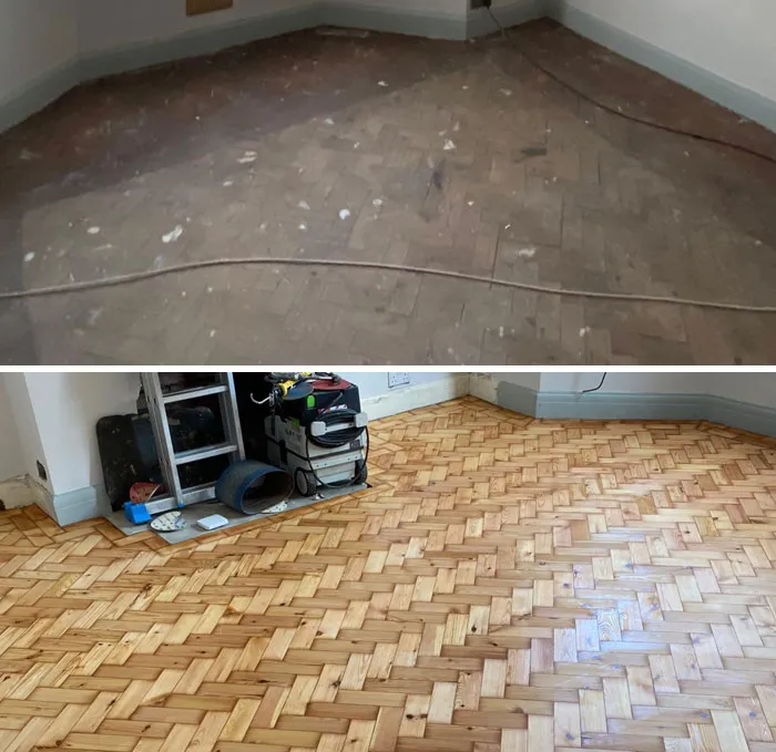 Parquet de 1930 restaurado hoy. Antes y después de la comparación
