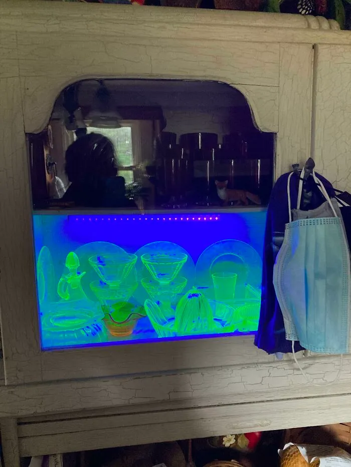 My Mom’s 100% Thrifted Uranium Glass Collection Under Black Light