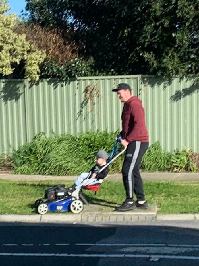 Man Straps Baby To Lawnmower
