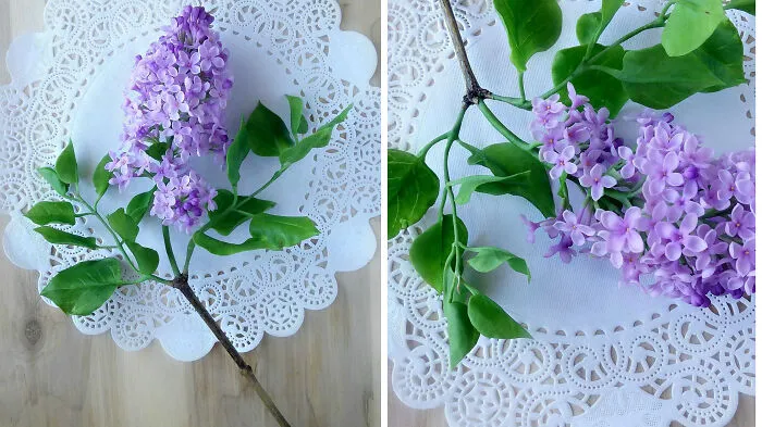 Hice una rama de lila de porcelana fría. Un trabajo muy largo y minucioso, un montón de piezas pequeñas, estambres, pero vale la pena