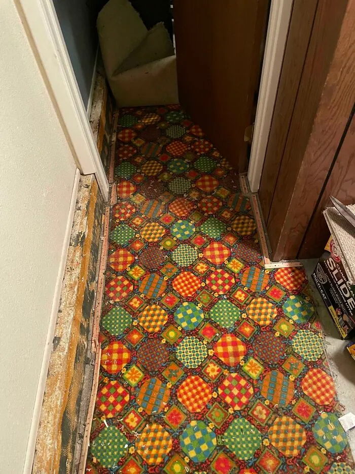 Arrancamos algunas alfombras en nuestra casa esperando hormigón, pero en su lugar encontramos esta obra maestra de los años 70