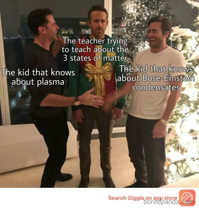 Three men humorously representing science concepts: states of matter, plasma, and Bose-Einstein condensates, in a Christmas setting.
