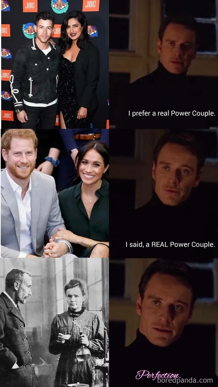 Clever science meme comparing modern power couples to Marie and Pierre Curie as the real power couple.
