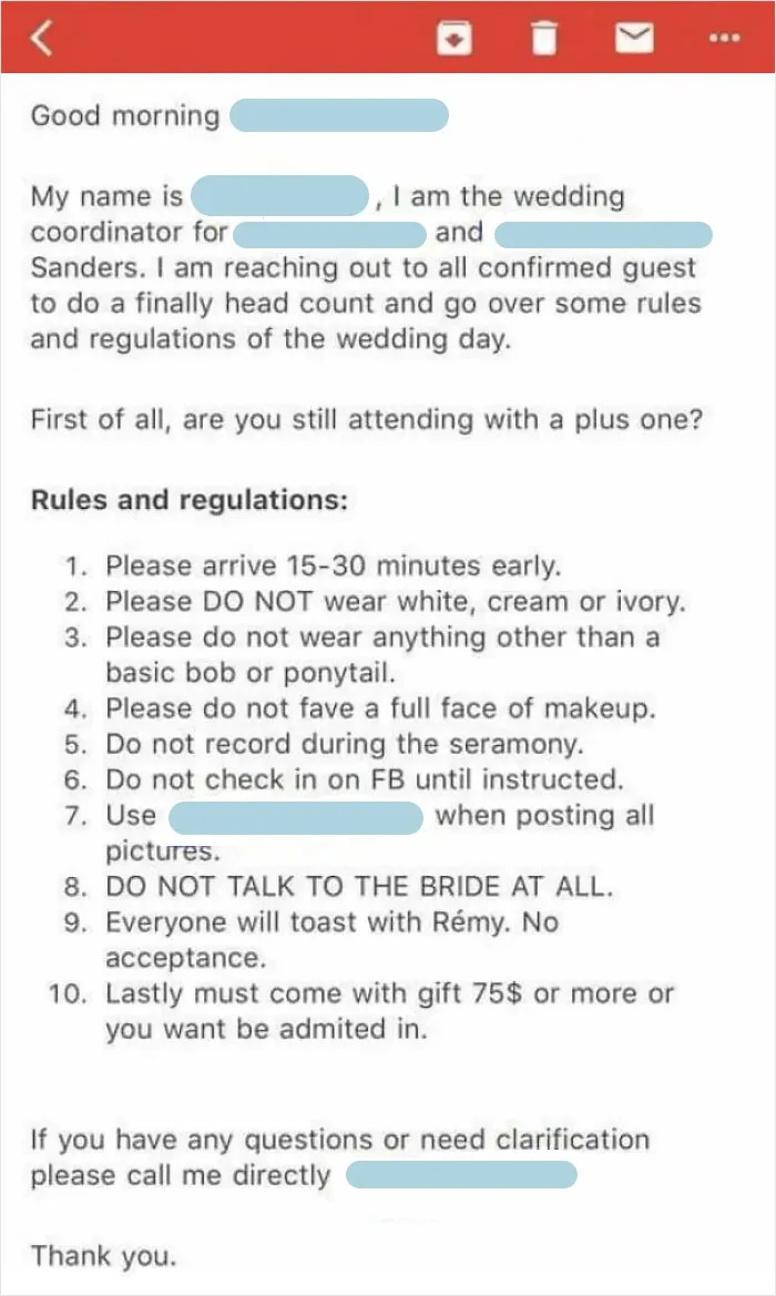 Kindly Refrain From Upstaging The Bride On Her Big Day — Oh, And No Admission Without A Gift Of $75 Or More