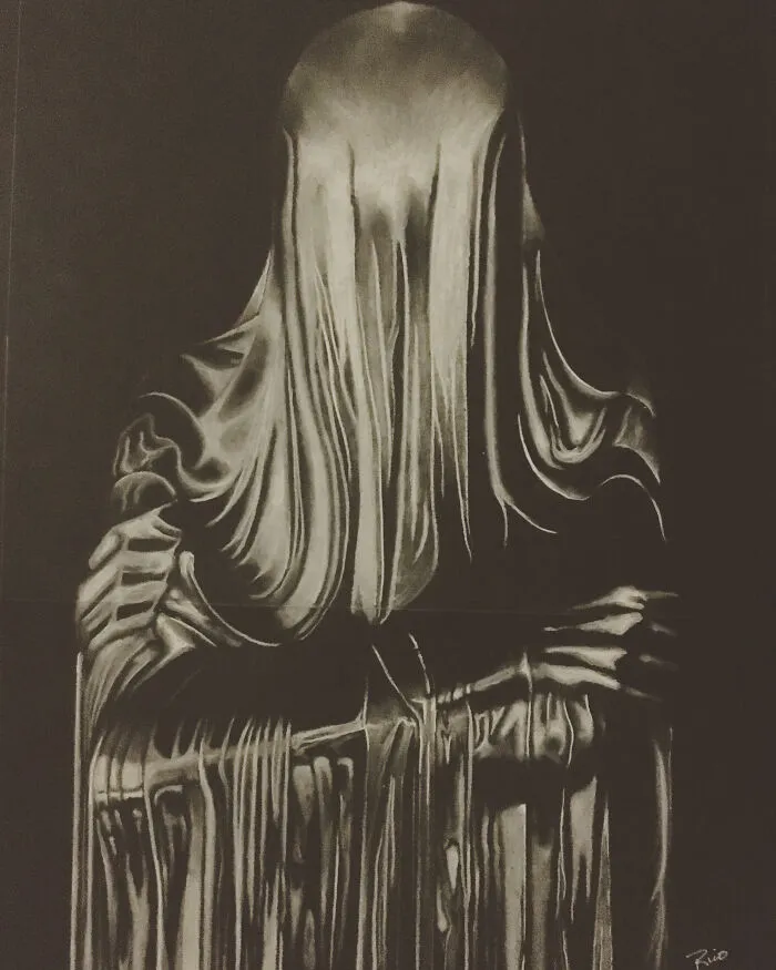 Drawing Of A Sculpture.  White Chalk On Black Paper