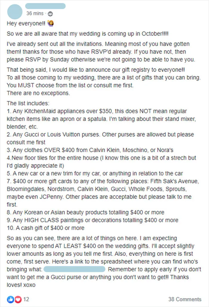 Bride Is Expecting Everyone To Spend $400 Or More On Her Wedding Gifts