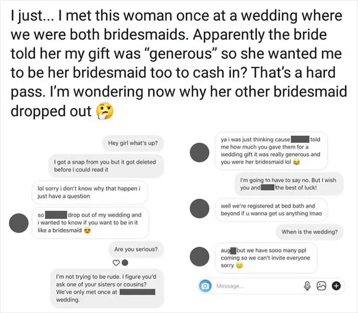 Beggar Bride Asks Stranger To Be Bridesmaid Because She Gives Expensive Gifts - From Wedding Shaming Fb Page