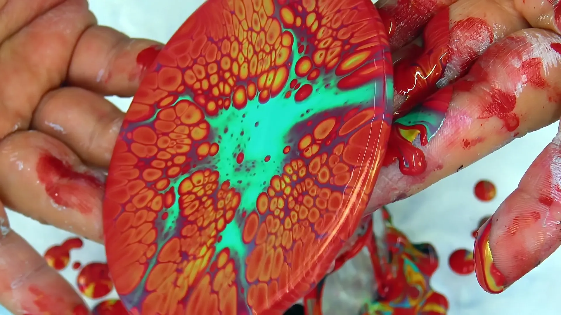 Blooming ~ Acrylic Pouring On Round Mdf Coasters ~ Red Pillow And Turquoise Cell Activator