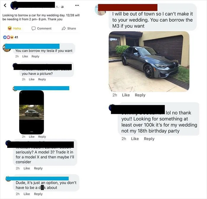 Anon Doesn’t Want To Drive A Free Bmw Or Tesla To His Wedding