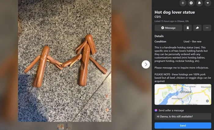 Hot Dog Statue - Two Lovers Holding Hands. Can Also Be "Personally Ordered With Any Customizations Wanted (Mini Hotdog Babies, Pregnant Hotdog, Rockstar Hotdog, Etc)"