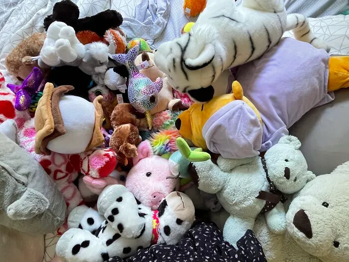 Stuffed Animals. Yes, I’m Obsessed. My Fave One Is The Sleeping Winnie The Pooh (The One With A Purple Outfit)