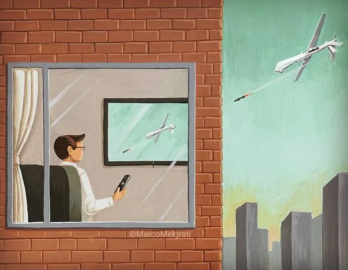 Hago ilustraciones sobre la triste realidad de la vida moderna, que muestran a nuestra sociedad de forma crítica