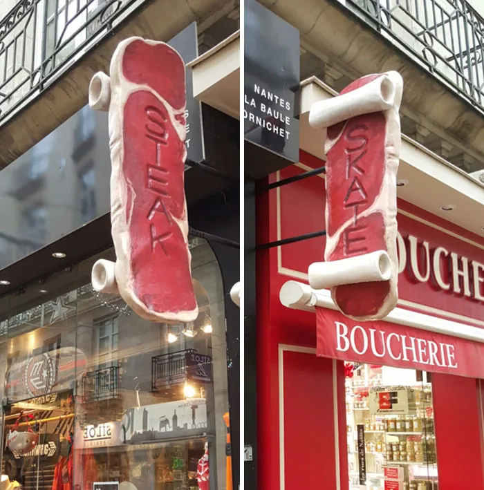 Una tienda de patinaje y una carnicería están situadas una al lado de la otra. Comparten un letrero