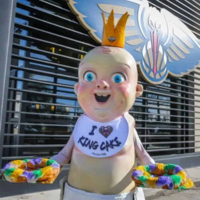 Los ojos sin vida de la mascota del bebé del King Cake
