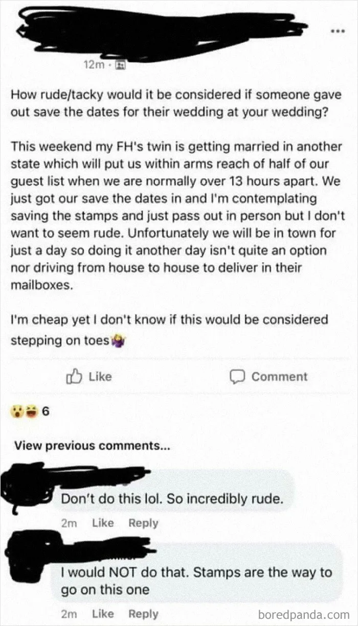 Sounds Like A Great Idea To Save A Few Cents! May Save Even More When The Twin And His New Bride Don’t Come To Your Wedding!