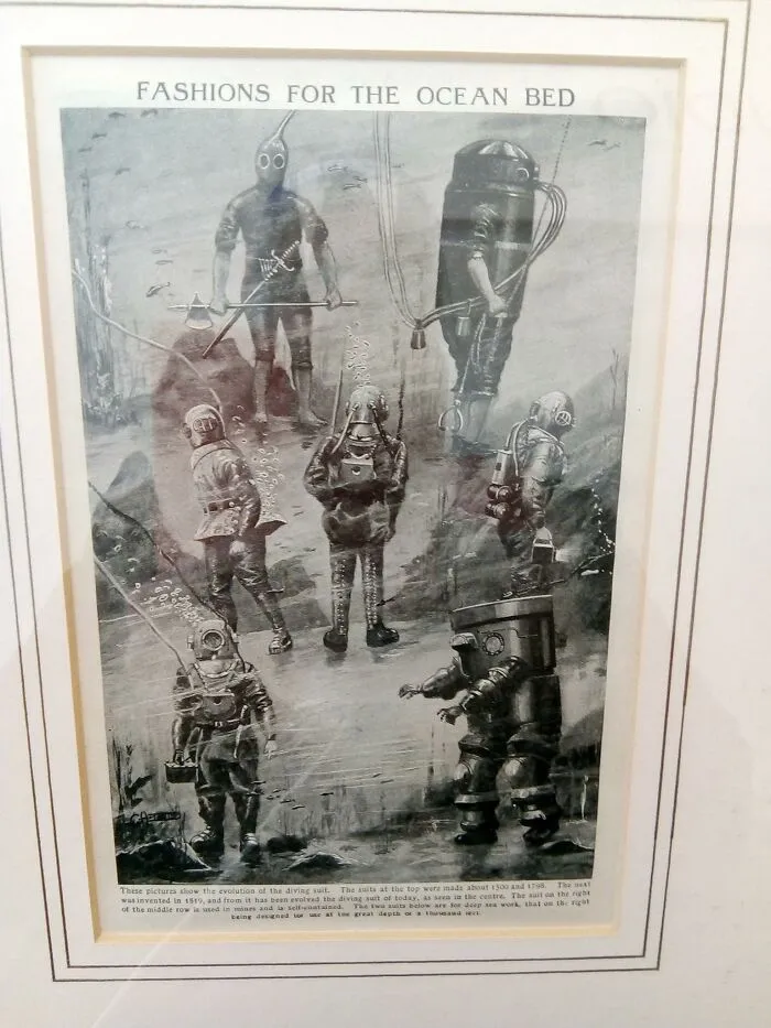 Bought From Scope Cornwall For £1. Titled Fashions For The Ocean Bed. 1930's Print Of Diving Suits From 1500 To Variants Of The 1800's. Cool Or Not?