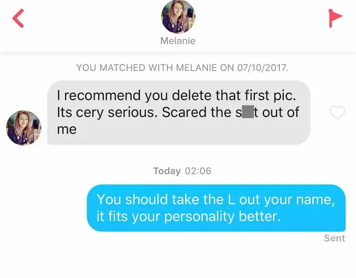 Tinder chat screenshot of people roasting each other 