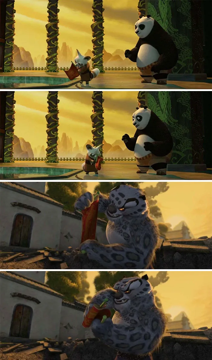 En Kung Fu Panda (2008), cuando Shifu y Tai Lung vieron por primera vez el rollo de dragón en blanco, tuvieron las mismas reacciones iniciales: Mirarlo de reojo y doblarlo y abrirlo de nuevo. De tal palo, tal astilla