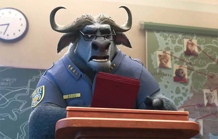 In Zootopia (2016), Chief Bogo Wears Eyeglasses To Read Documents. This Is A Reference To The Fact That Buffalo Have Poor Eyesight. Confirmed By The Directors In A Q&a