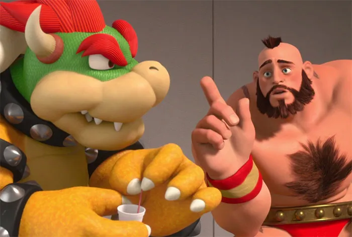 En ¡Rompe Ralph! (2012), Bowser sostiene su taza de té de una manera particular. Esto fue en realidad una adición de Nintendo. Antes de que se estrenara la película, se pusieron en contacto con los cineastas y dijeron que Bowser estaba bebiendo su té de forma equivocada en la escena de la terapia de grupo. Así que lo cambiaron