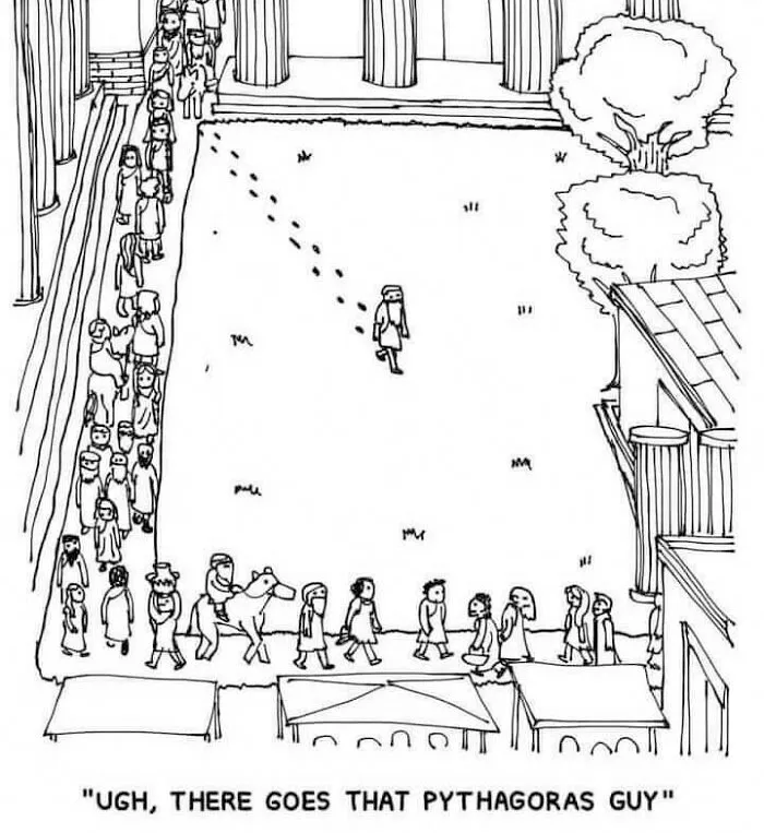 Cartoon of Pythagoras walking diagonally across a grass field, while others watch in a line.