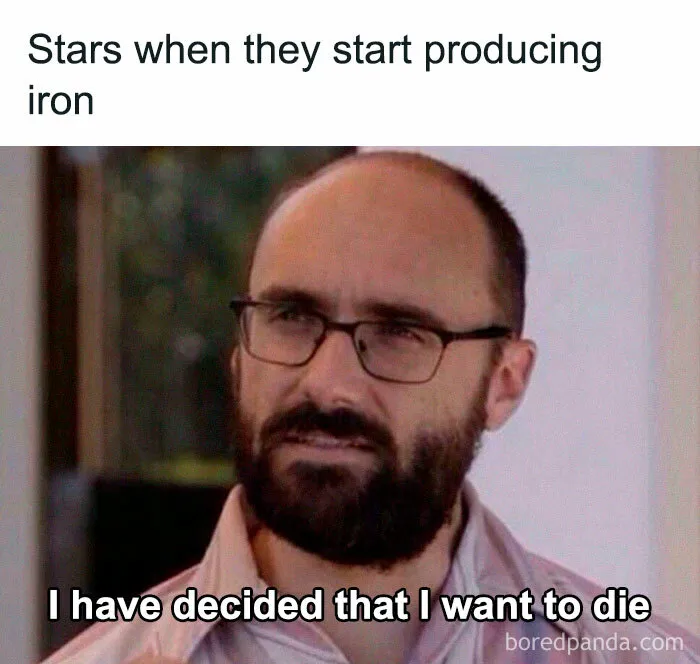 A clever science meme about stars producing iron with a surprised-looking man.